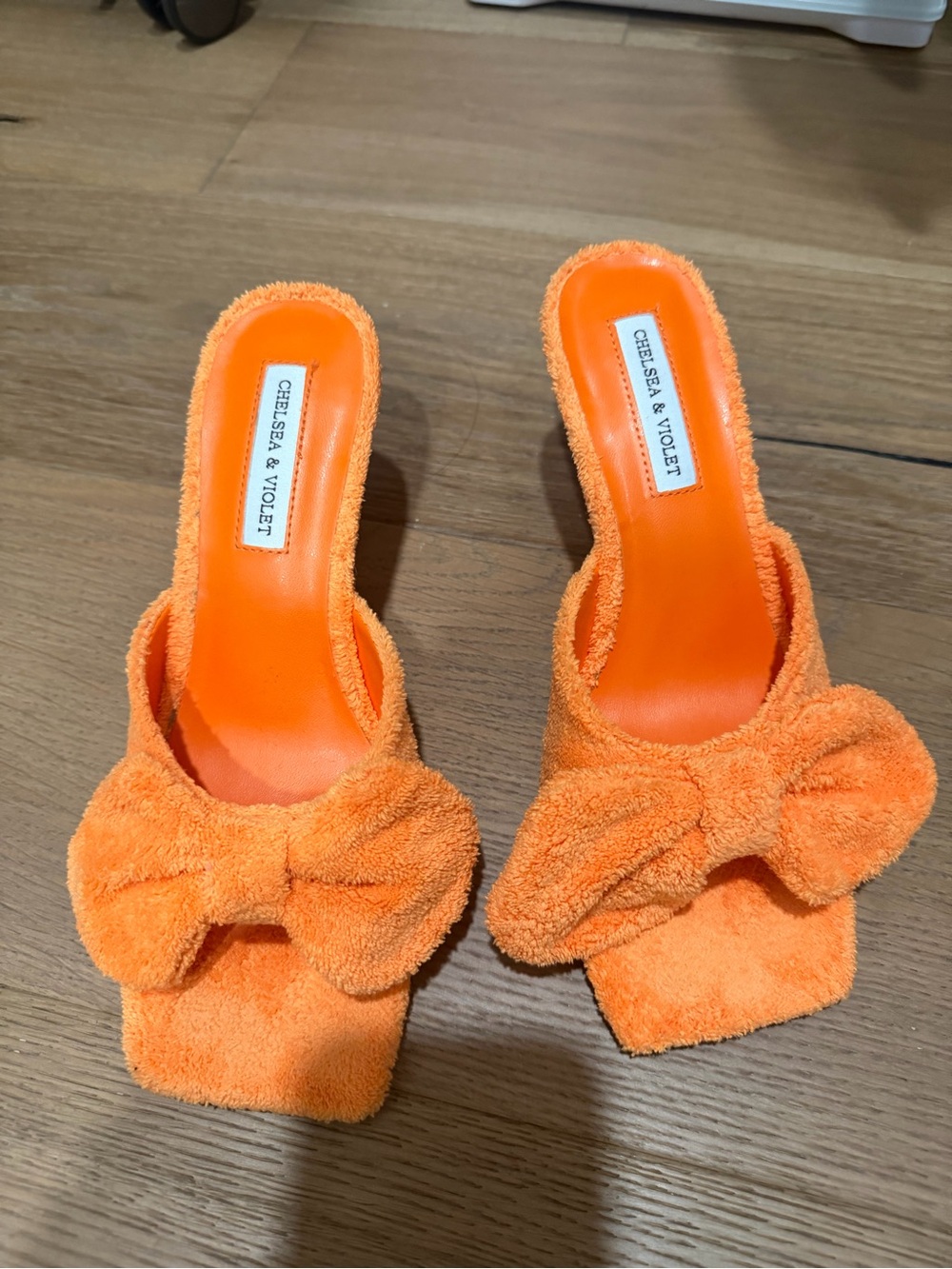 Chelsea & Violet Bright Orange Terry Bow Slide Mules